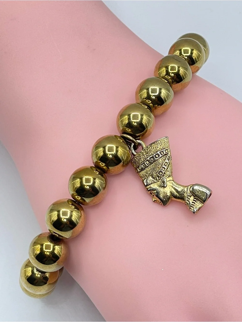 Gold Tone Nefertiti Charm Beaded Stretch Bracelet Egyptian Style